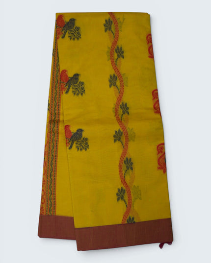 Coimbatore Handloom Saree in Mustard Yellow Colour with Traditional Bird Motifs and Contrast Woven Border
