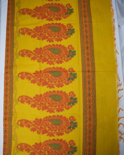 Coimbatore Handloom Saree in Mustard Yellow Colour with Traditional Bird Motifs and Contrast Woven Border