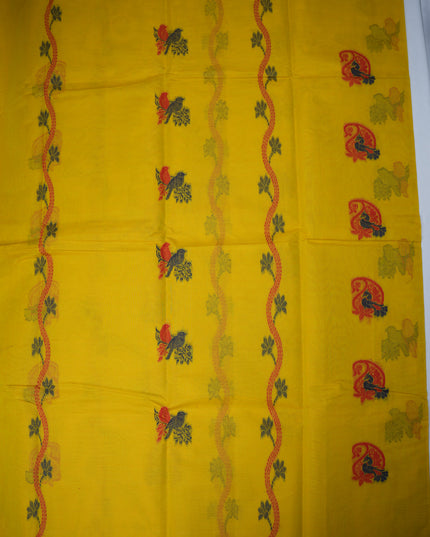 Coimbatore Handloom Saree in Mustard Yellow Colour with Traditional Bird Motifs and Contrast Woven Border
