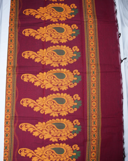 Coimbatore Handloom Saree in Wine Purple Colour with Traditional Bird Motifs and Contrast Rust Woven Border