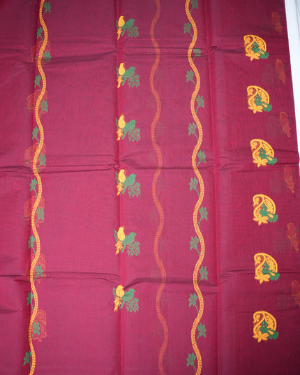 Coimbatore Handloom Saree in Wine Purple Colour with Traditional Bird Motifs and Contrast Rust Woven Border