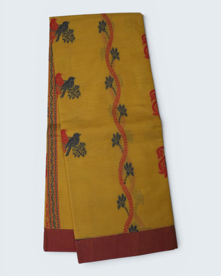 Coimbatore Handloom Saree in Mustard Yellow Colour with Traditional Bird Motifs and Contrast Maroon Woven Border