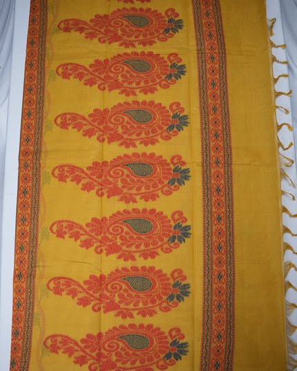 Coimbatore Handloom Saree in Mustard Yellow Colour with Traditional Bird Motifs and Contrast Maroon Woven Border