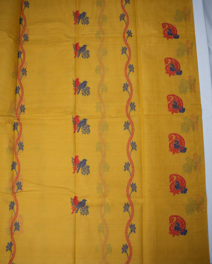 Coimbatore Handloom Saree in Mustard Yellow Colour with Traditional Bird Motifs and Contrast Maroon Woven Border