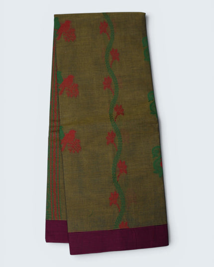 Coimbatore Handloom Saree in Olive Green Colour with Traditional Bird Motifs and Contrast Maroon Woven Border