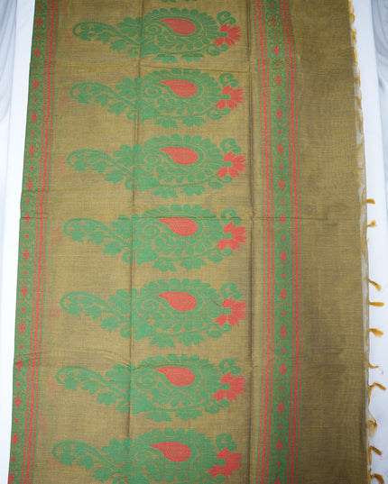 Coimbatore Handloom Saree in Olive Green Colour with Traditional Bird Motifs and Contrast Maroon Woven Border