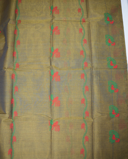 Coimbatore Handloom Saree in Olive Green Colour with Traditional Bird Motifs and Contrast Maroon Woven Border