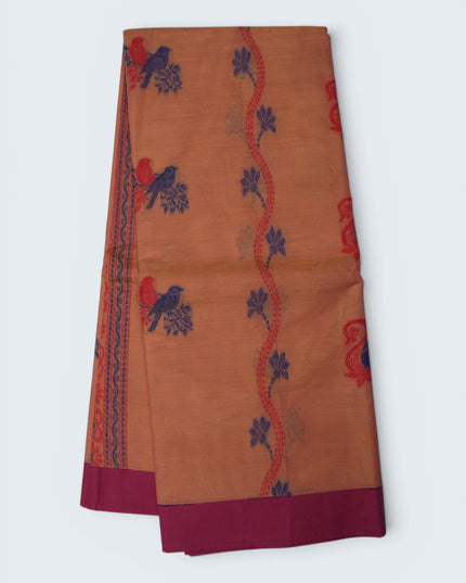 Coimbatore Handloom Saree in Peach Orange Colour with Traditional Bird Motifs and Contrast Magenta Woven Border
