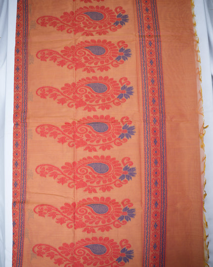 Coimbatore Handloom Saree in Peach Orange Colour with Traditional Bird Motifs and Contrast Magenta Woven Border