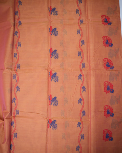 Coimbatore Handloom Saree in Peach Orange Colour with Traditional Bird Motifs and Contrast Magenta Woven Border