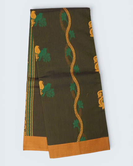 Coimbatore Handloom Saree in Dark Olive Green Colour with Traditional Bird Motifs and Contrast Mustard Woven Border