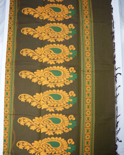 Coimbatore Handloom Saree in Dark Olive Green Colour with Traditional Bird Motifs and Contrast Mustard Woven Border