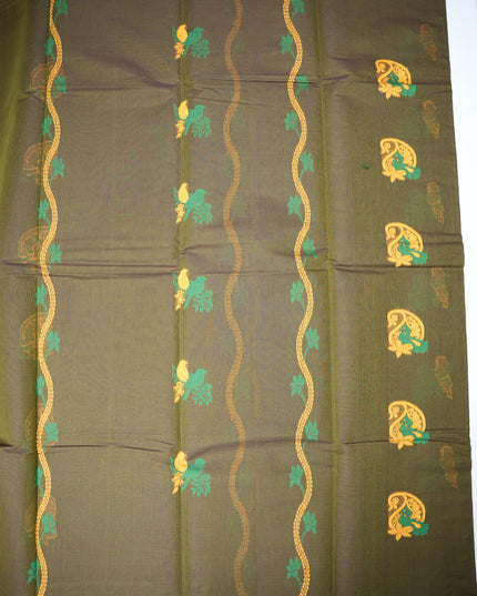 Coimbatore Handloom Saree in Dark Olive Green Colour with Traditional Bird Motifs and Contrast Mustard Woven Border
