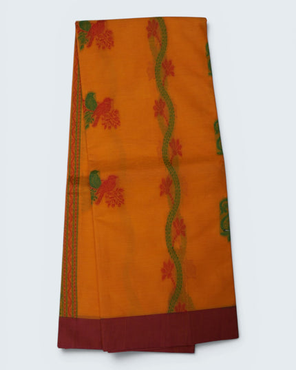 Coimbatore Handloom Saree in Orange Colour with Traditional Bird Motifs and Contrast Maroon Woven Border