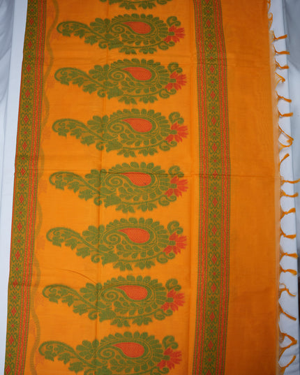 Coimbatore Handloom Saree in Orange Colour with Traditional Bird Motifs and Contrast Maroon Woven Border