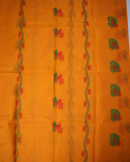 Coimbatore Handloom Saree in Orange Colour with Traditional Bird Motifs and Contrast Maroon Woven Border