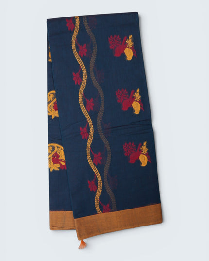 Coimbatore Handloom Saree in Navy Blue Colour with Traditional Bird Motifs and Contrast Mustard Woven Border