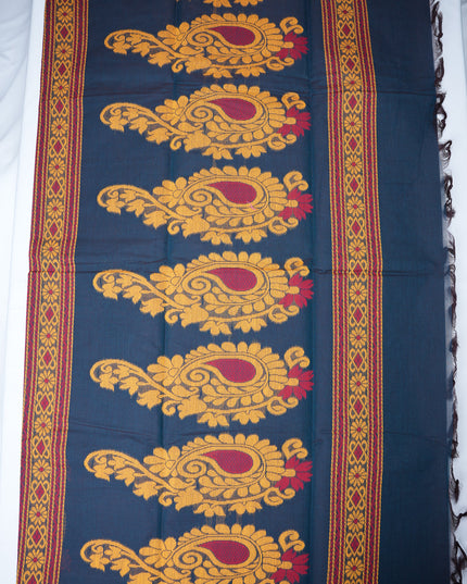 Coimbatore Handloom Saree in Navy Blue Colour with Traditional Bird Motifs and Contrast Mustard Woven Border