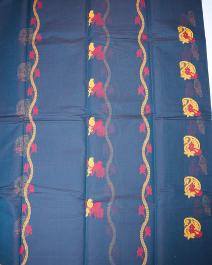 Coimbatore Handloom Saree in Navy Blue Colour with Traditional Bird Motifs and Contrast Mustard Woven Border