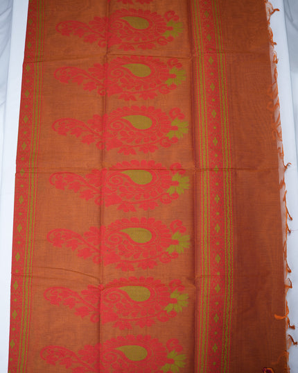 Coimbatore Handloom Saree in Rust Orange Colour with Traditional Bird Motifs and Contrast Magenta Woven Border