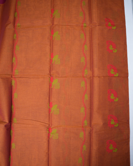 Coimbatore Handloom Saree in Rust Orange Colour with Traditional Bird Motifs and Contrast Magenta Woven Border