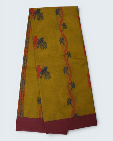 Coimbatore Handloom Saree in Mustard Yellow Colour with Traditional Bird Motifs and Contrast Maroon Woven Border