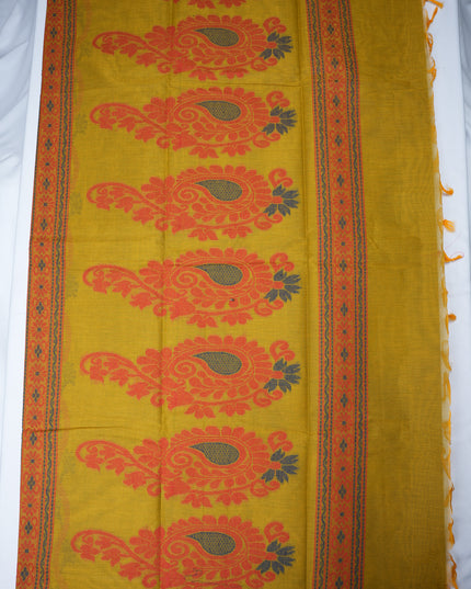 Coimbatore Handloom Saree in Mustard Yellow Colour with Traditional Bird Motifs and Contrast Maroon Woven Border