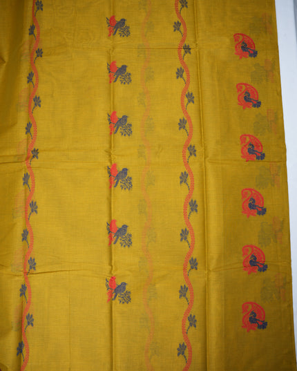 Coimbatore Handloom Saree in Mustard Yellow Colour with Traditional Bird Motifs and Contrast Maroon Woven Border