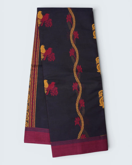 Coimbatore Handloom Saree in Black Colour with Traditional Bird Motifs and Contrast Magenta Woven Border