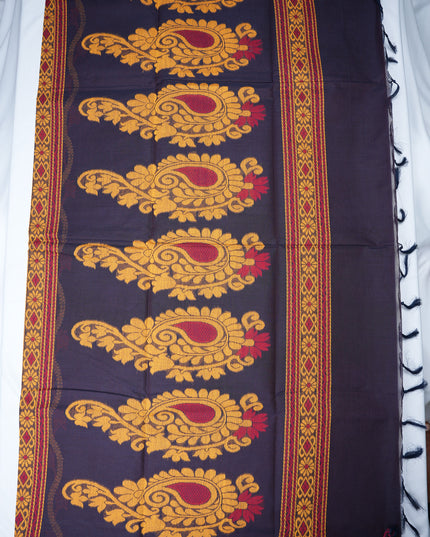 Coimbatore Handloom Saree in Black Colour with Traditional Bird Motifs and Contrast Magenta Woven Border