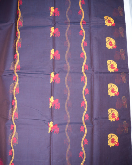 Coimbatore Handloom Saree in Black Colour with Traditional Bird Motifs and Contrast Magenta Woven Border