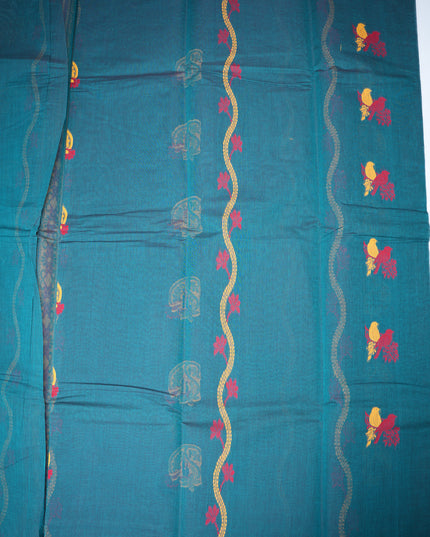 Coimbatore Handloom Saree in Teal Blue Colour with Traditional Bird Motifs and Contrast Mustard Woven Border