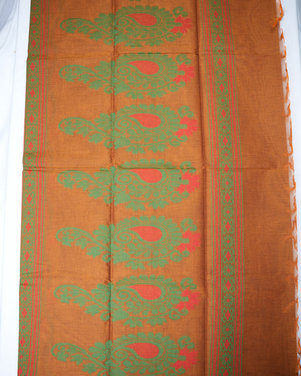 Coimbatore Handloom Saree in Rust Orange Colour with Traditional Bird Motifs and Contrast Magenta Woven Border