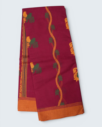 Coimbatore Handloom Saree in Rani Pink Colour with Traditional Bird Motifs and Contrast Mustard Woven Border