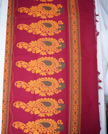 Coimbatore Handloom Saree in Rani Pink Colour with Traditional Bird Motifs and Contrast Mustard Woven Border