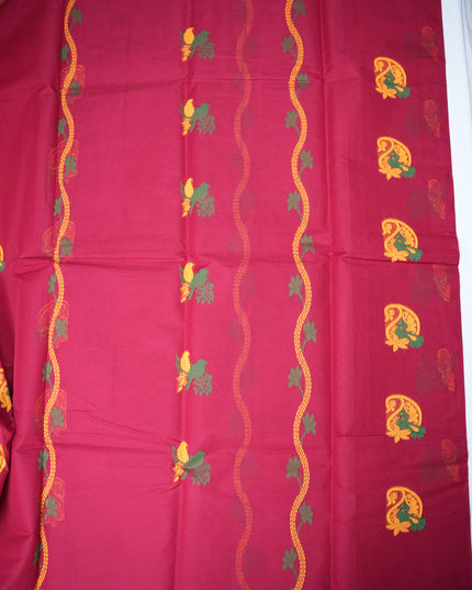 Coimbatore Handloom Saree in Rani Pink Colour with Traditional Bird Motifs and Contrast Mustard Woven Border