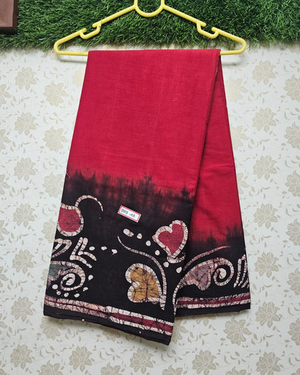 Premium Bathik Printed 120count soft cotton saree with Dark Red Colour