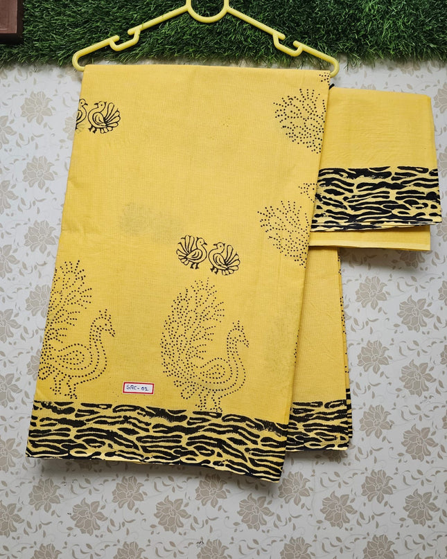 Vasundhara 120count Printed Cotton Saree with Light Yellow colour