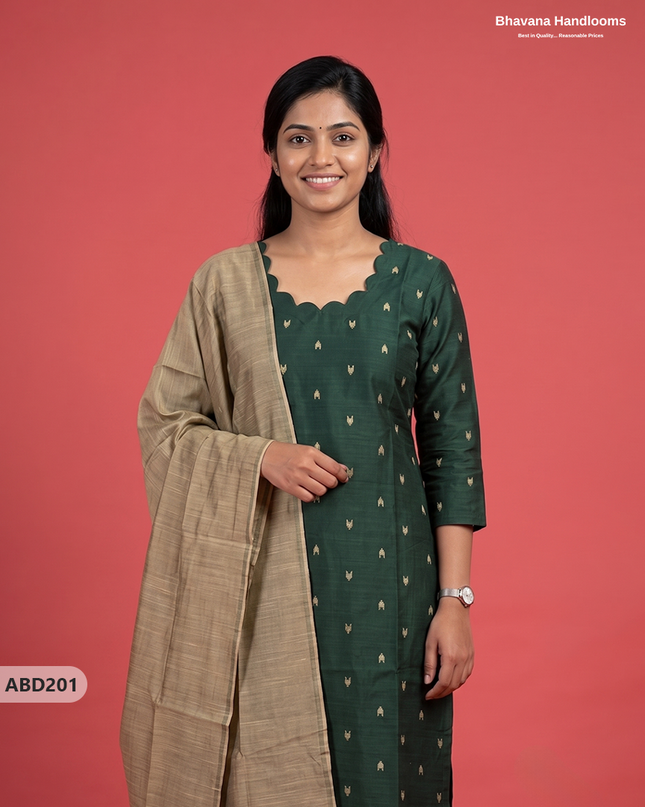Raw Silk 3-Piece Kurti Set with Cut Work Neck Design in Deep Forest Green Colour | Full-Length Lined Kurti with Gold Dupatta