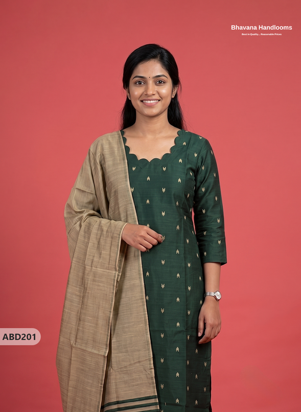 Raw Silk 3-Piece Kurti Set with Cut Work Neck Design in Deep Forest Green Colour | Full-Length Lined Kurti with Gold Dupatta