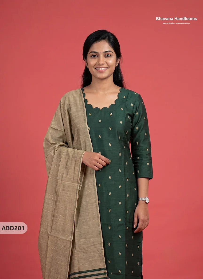 Raw Silk 3-Piece Kurti Set with Cut Work Neck Design in Deep Forest Green Colour | Full-Length Lined Kurti with Gold Dupatta