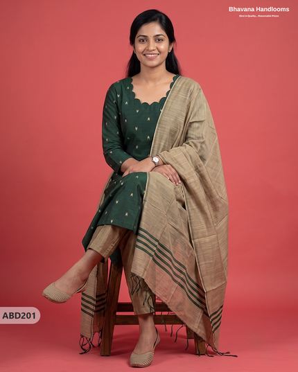 Raw Silk 3-Piece Kurti Set with Cut Work Neck Design in Deep Forest Green Colour | Full-Length Lined Kurti with Gold Dupatta