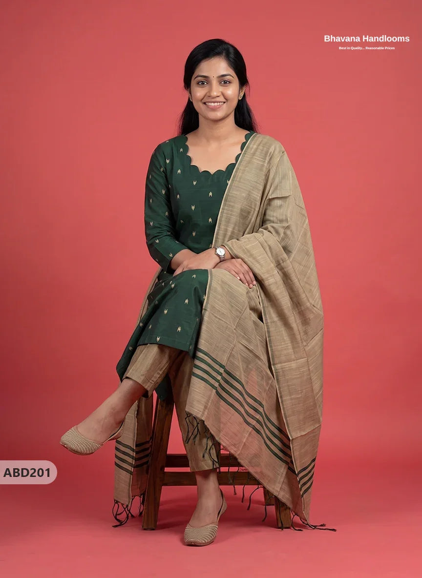 Raw Silk 3-Piece Kurti Set with Cut Work Neck Design in Deep Forest Green Colour | Full-Length Lined Kurti with Gold Dupatta