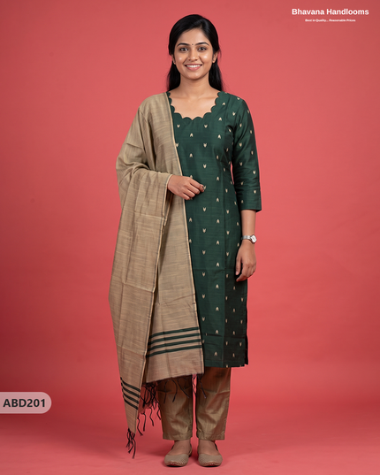 Raw Silk 3-Piece Kurti Set with Cut Work Neck Design in Deep Forest Green Colour | Full-Length Lined Kurti with Gold Dupatta