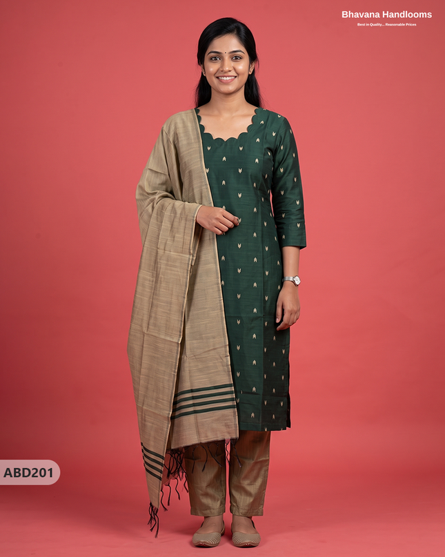 Raw Silk 3-Piece Kurti Set with Cut Work Neck Design in Deep Forest Green Colour | Full-Length Lined Kurti with Gold Dupatta
