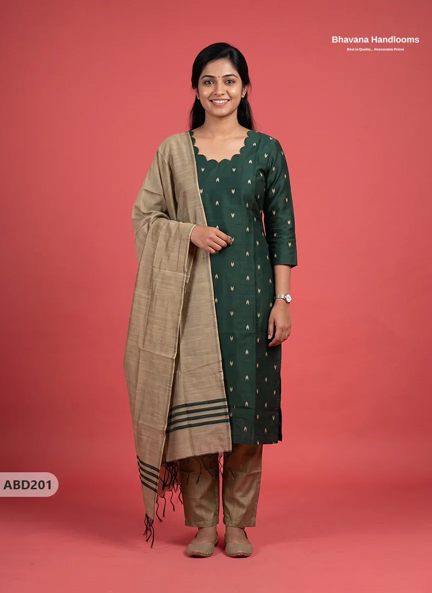 Raw Silk 3-Piece Kurti Set with Cut Work Neck Design in Deep Forest Green Colour | Full-Length Lined Kurti with Gold Dupatta
