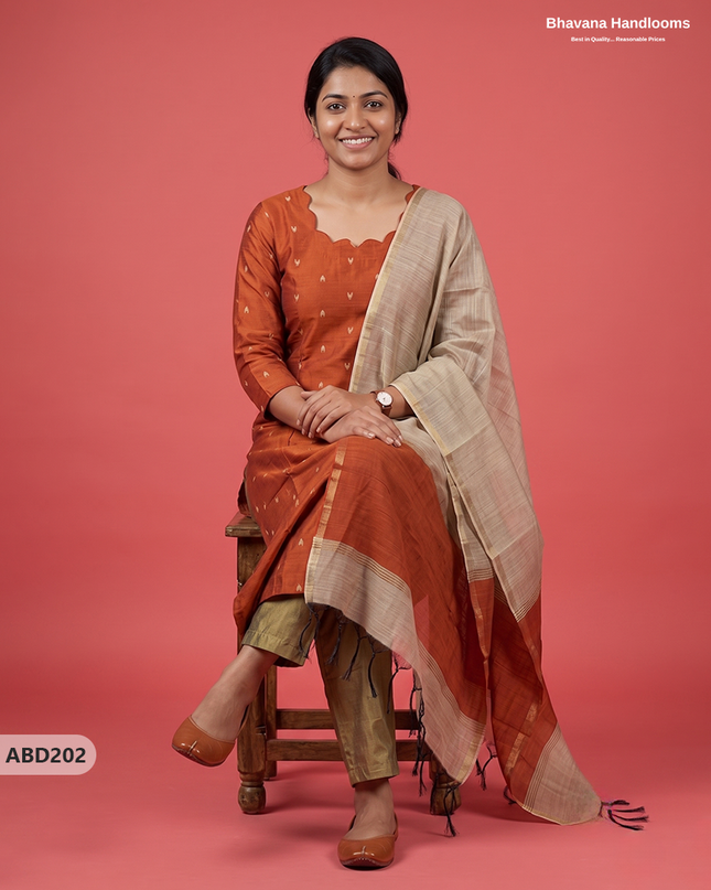 Raw Silk 3-Piece Kurti Set with Cut Work Neck Design in Burnt Rust Orange Colour | Full-Length Lined Kurti with Gold Dupatta