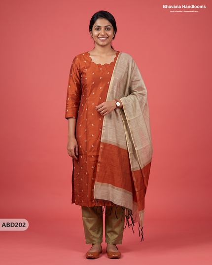 Raw Silk 3-Piece Kurti Set with Cut Work Neck Design in Burnt Rust Orange Colour | Full-Length Lined Kurti with Gold Dupatta