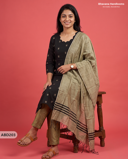 Raw Silk 3-Piece Kurti Set with Cut Work Neck Design in Black Colour | Full-Length Lined Kurti with Gold Dupatta