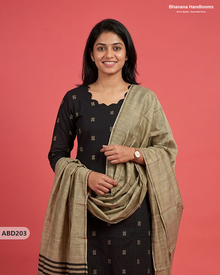 Raw Silk 3-Piece Kurti Set with Cut Work Neck Design in Black Colour | Full-Length Lined Kurti with Gold Dupatta